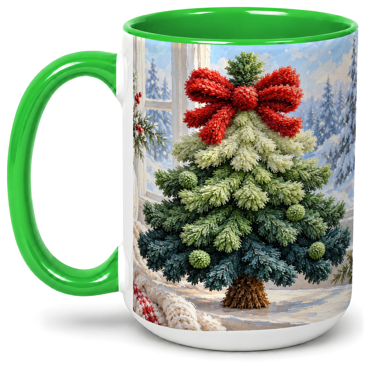 #pl[15oz|Green] Christmas Tree Accent Mug, Ceramic Cup with Red Bow Winter Art