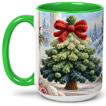#pl[15oz|Green] Christmas Tree Accent Mug, Ceramic Cup with Red Bow Winter Art