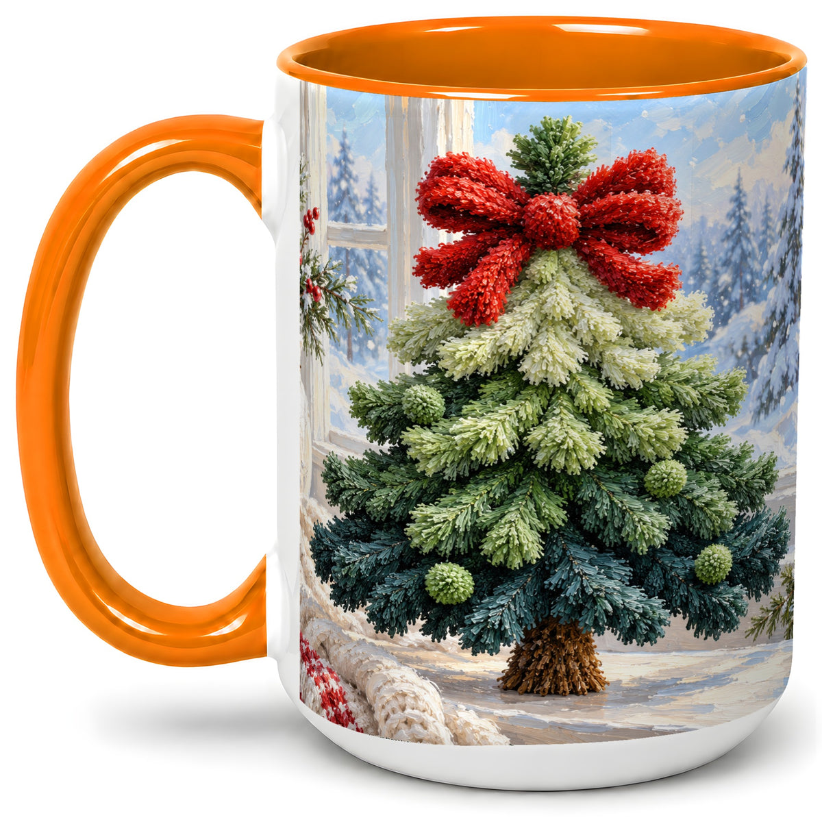 #pl[15oz|Orange] Christmas Tree Accent Mug, Ceramic Cup with Red Bow Winter Art