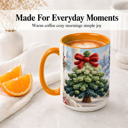 #pl[15oz|Orange] Christmas Tree Accent Mug, Ceramic Cup with Red Bow Winter Art