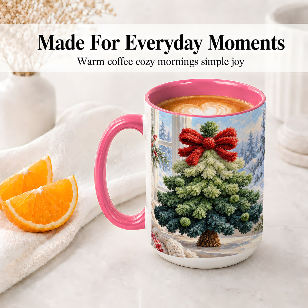 #pl[15oz|Pink] Christmas Tree Accent Mug, Ceramic Cup with Red Bow Winter Art
