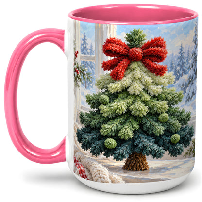 #pl[15oz|Pink] Christmas Tree Accent Mug, Ceramic Cup with Red Bow Winter Art