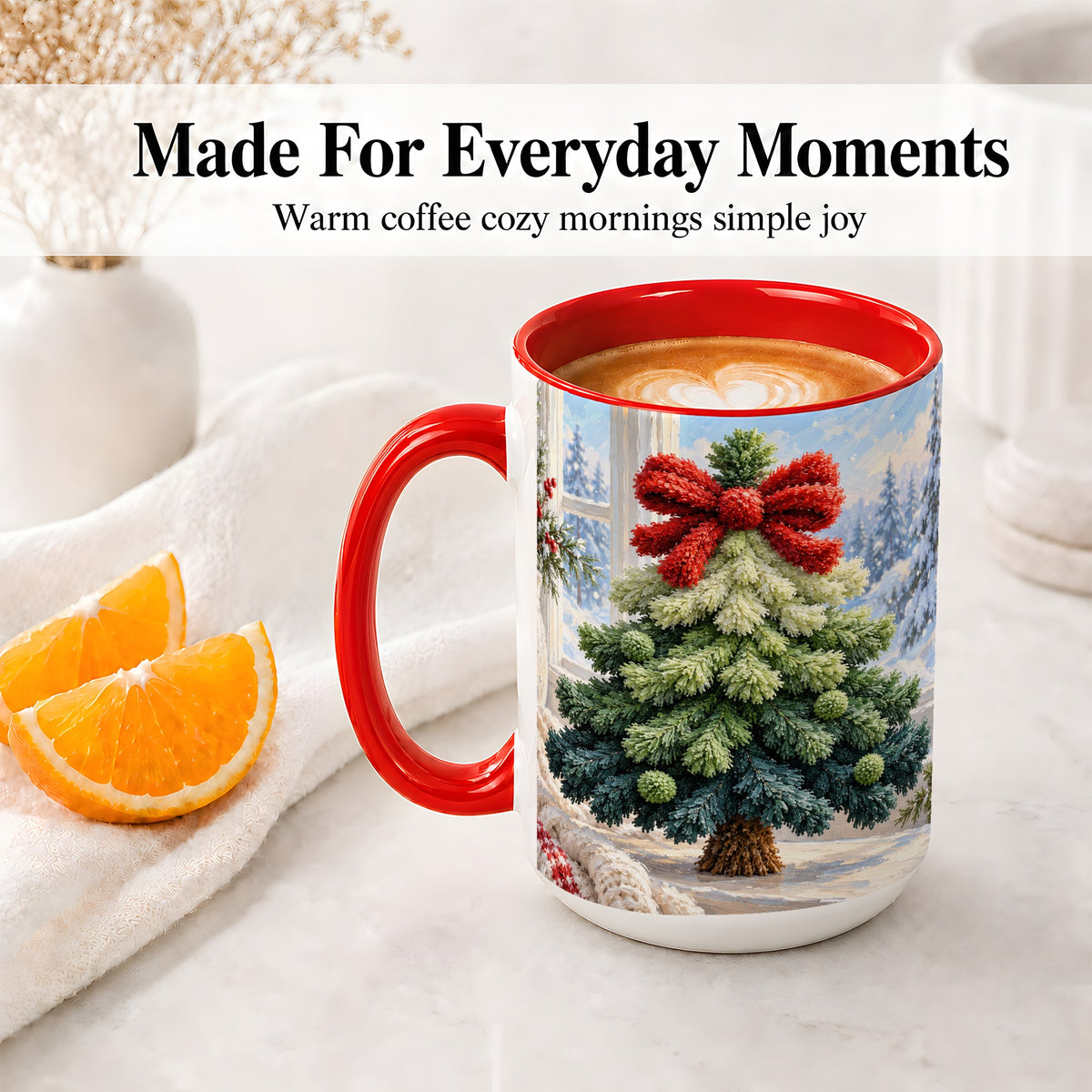 #pl[15oz|Red] Christmas Tree Accent Mug, Ceramic Cup with Red Bow Winter Art