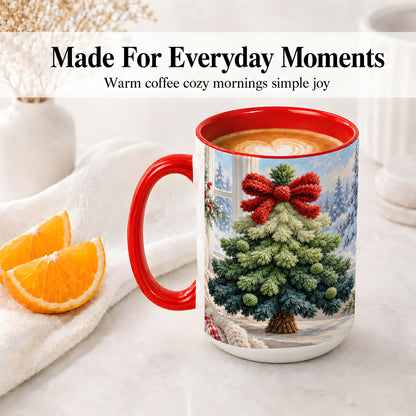 #pl[15oz|Red] Christmas Tree Accent Mug, Ceramic Cup with Red Bow Winter Art