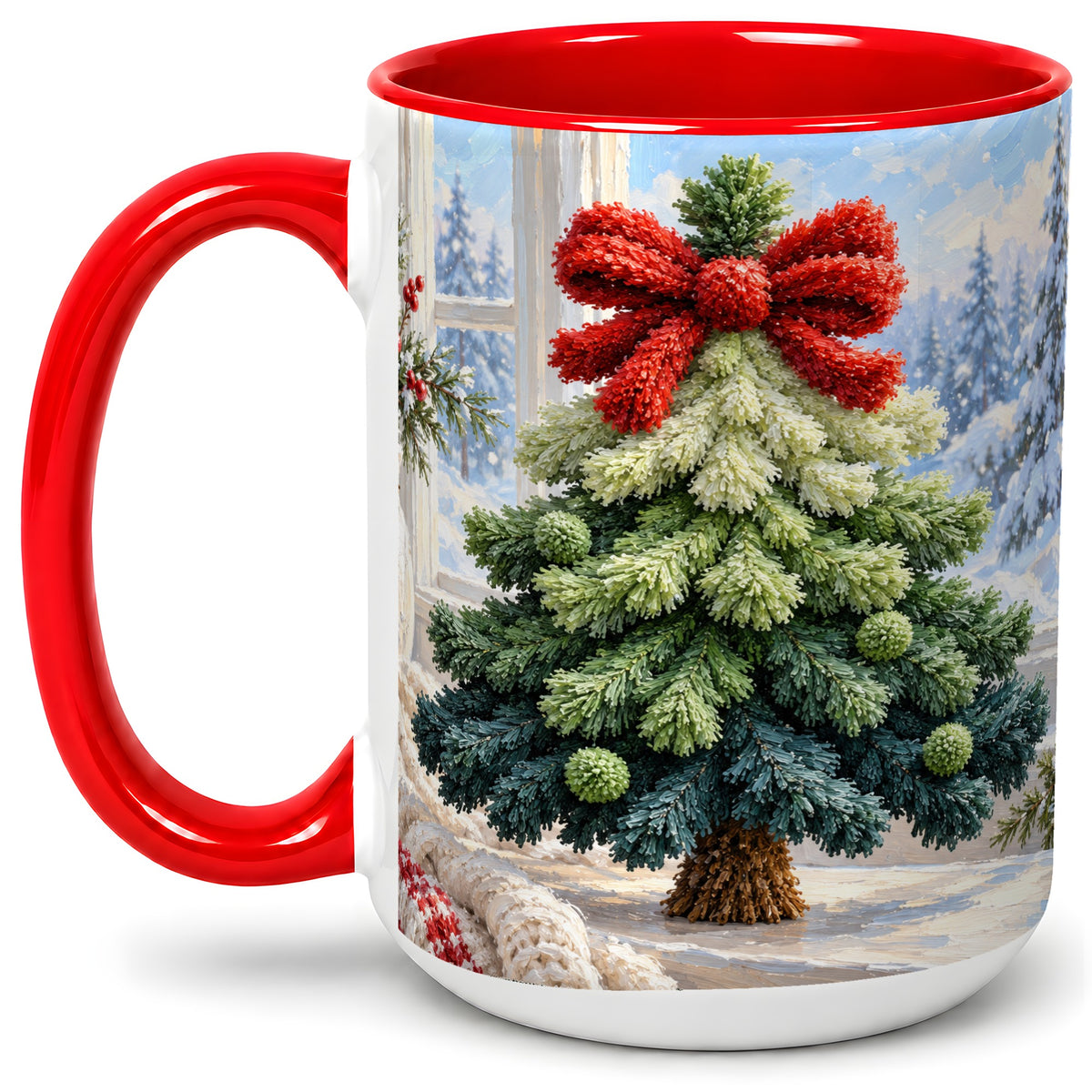 #pl[15oz|Red] Christmas Tree Accent Mug, Ceramic Cup with Red Bow Winter Art