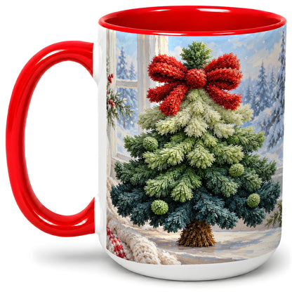 #pl[15oz|Red] Christmas Tree Accent Mug, Ceramic Cup with Red Bow Winter Art
