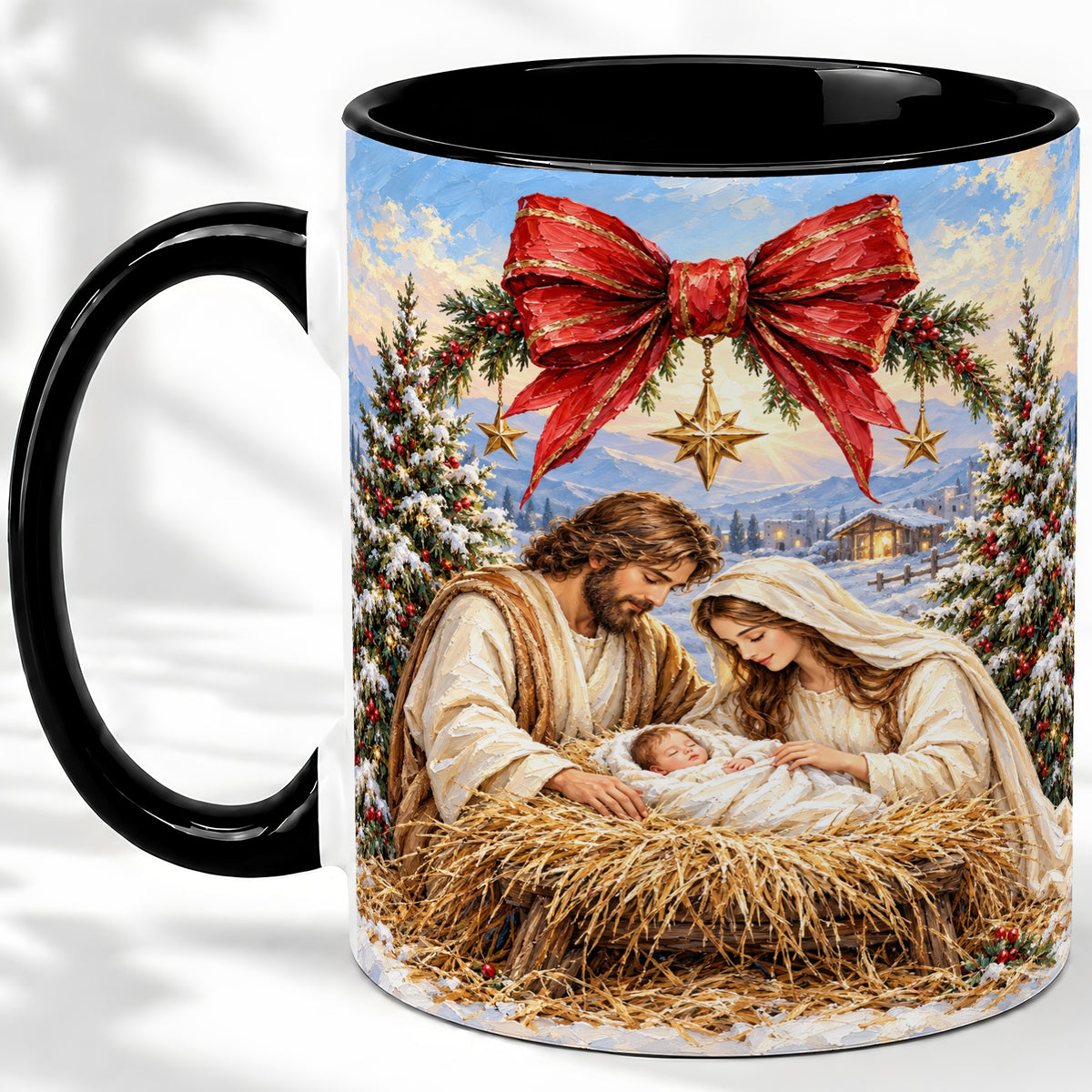#pl[11oz|Black] Christmas Nativity Accent Mug, Ceramic Cup with Holy Family Art