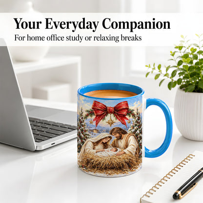 #pl[11oz|Blue] Christmas Nativity Accent Mug, Ceramic Cup with Holy Family Art