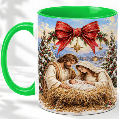 #pl[11oz|Green] Christmas Nativity Accent Mug, Ceramic Cup with Holy Family Art