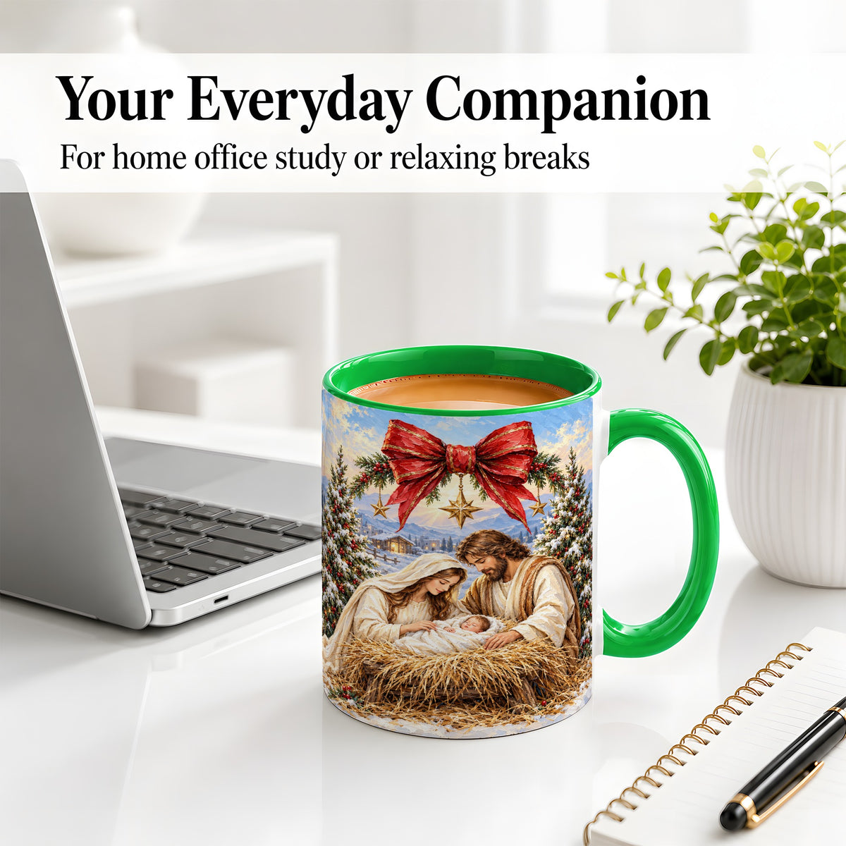 #pl[11oz|Green] Christmas Nativity Accent Mug, Ceramic Cup with Holy Family Art