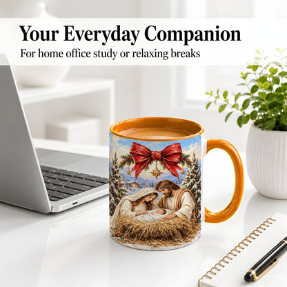 #pl[11oz|Orange] Christmas Nativity Accent Mug, Ceramic Cup with Holy Family Art