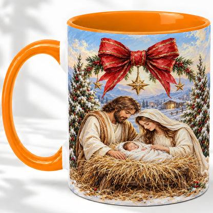 #pl[11oz|Orange] Christmas Nativity Accent Mug, Ceramic Cup with Holy Family Art