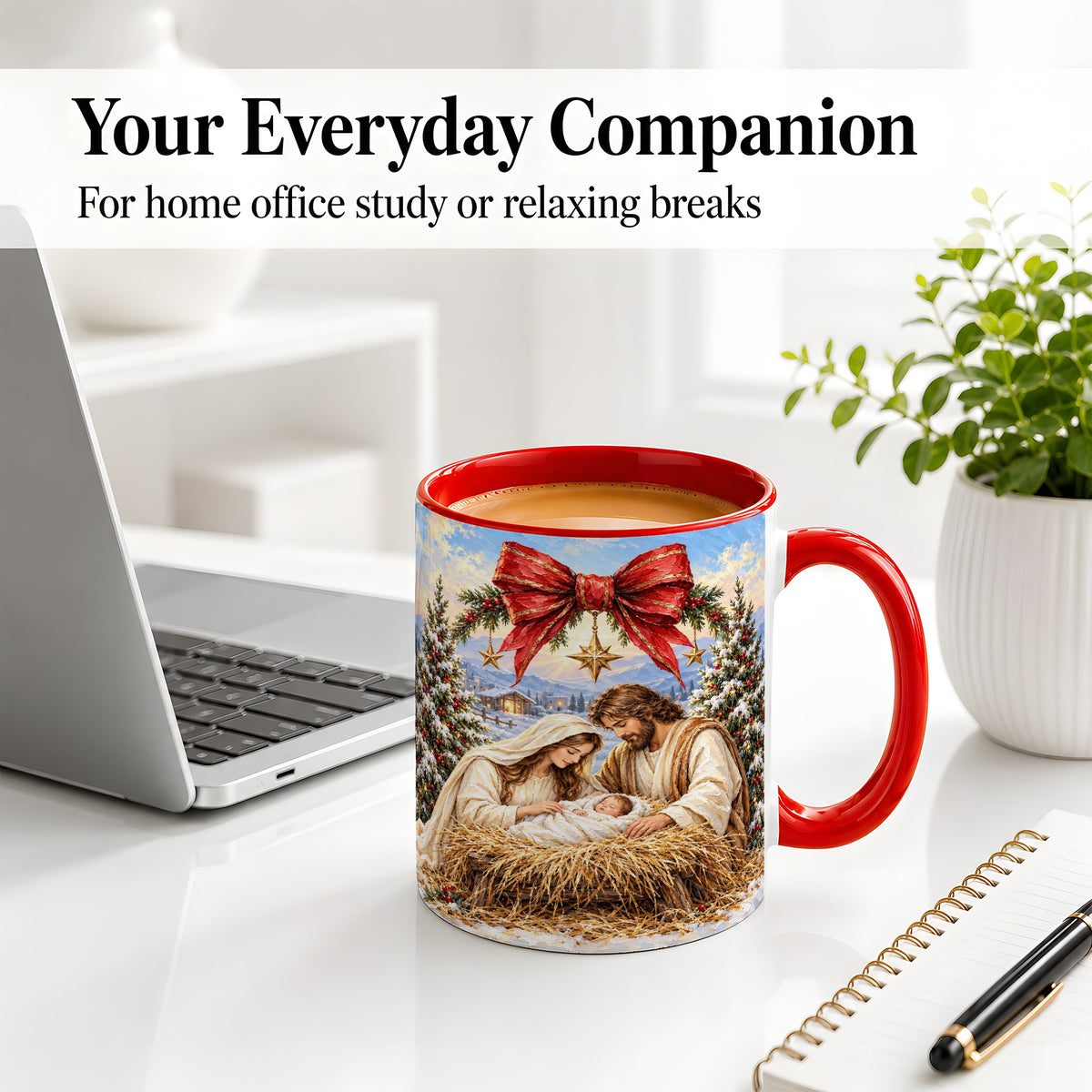 #pl[11oz|Red] Christmas Nativity Accent Mug, Ceramic Cup with Holy Family Art