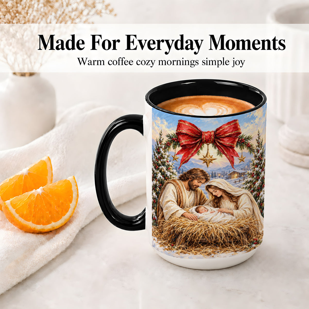 #pl[15oz|Black] Christmas Nativity Accent Mug, Ceramic Cup with Holy Family Art