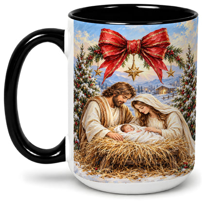 #pl[15oz|Black] Christmas Nativity Accent Mug, Ceramic Cup with Holy Family Art