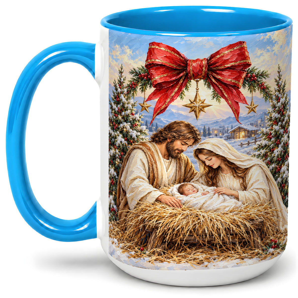 #pl[15oz|Blue] Christmas Nativity Accent Mug, Ceramic Cup with Holy Family Art