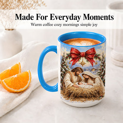 #pl[15oz|Blue] Christmas Nativity Accent Mug, Ceramic Cup with Holy Family Art