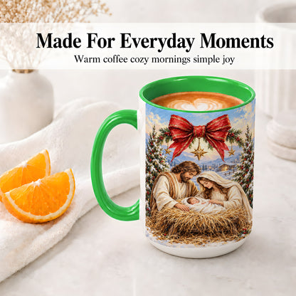 #pl[15oz|Green] Christmas Nativity Accent Mug, Ceramic Cup with Holy Family Art