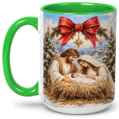 #pl[15oz|Green] Christmas Nativity Accent Mug, Ceramic Cup with Holy Family Art