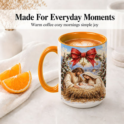 #pl[15oz|Orange] Christmas Nativity Accent Mug, Ceramic Cup with Holy Family Art