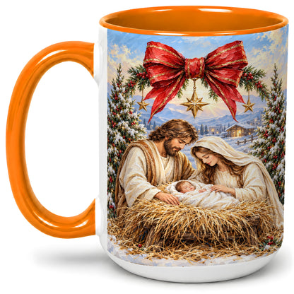 #pl[15oz|Orange] Christmas Nativity Accent Mug, Ceramic Cup with Holy Family Art