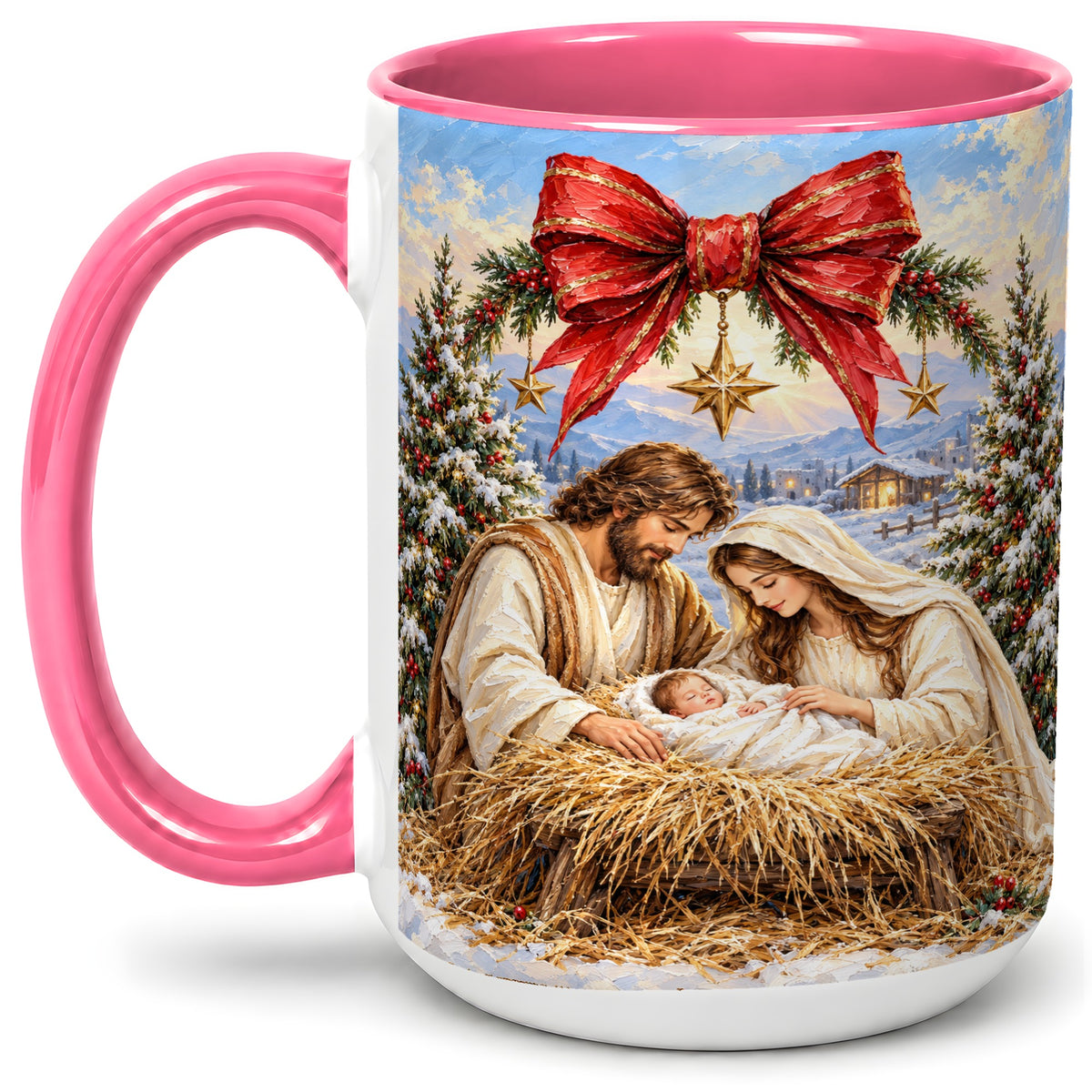 #pl[15oz|Pink] Christmas Nativity Accent Mug, Ceramic Cup with Holy Family Art