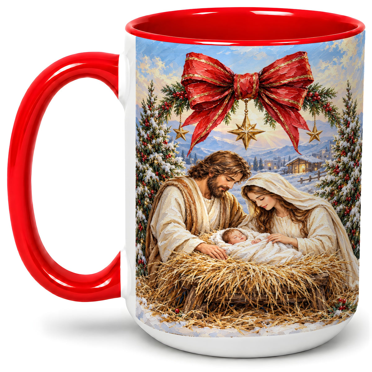 #pl[15oz|Red] Christmas Nativity Accent Mug, Ceramic Cup with Holy Family Art
