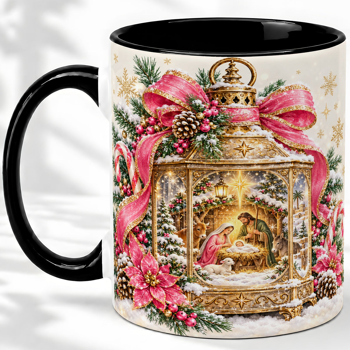 #pl[11oz|Black] Christmas Nativity Scene Accent Mug, Ceramic Cup with Holy Family