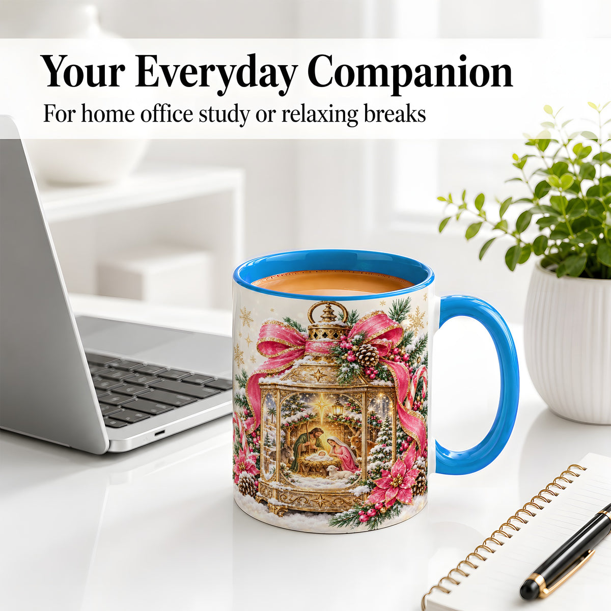 #pl[11oz|Blue] Christmas Nativity Scene Accent Mug, Ceramic Cup with Holy Family
