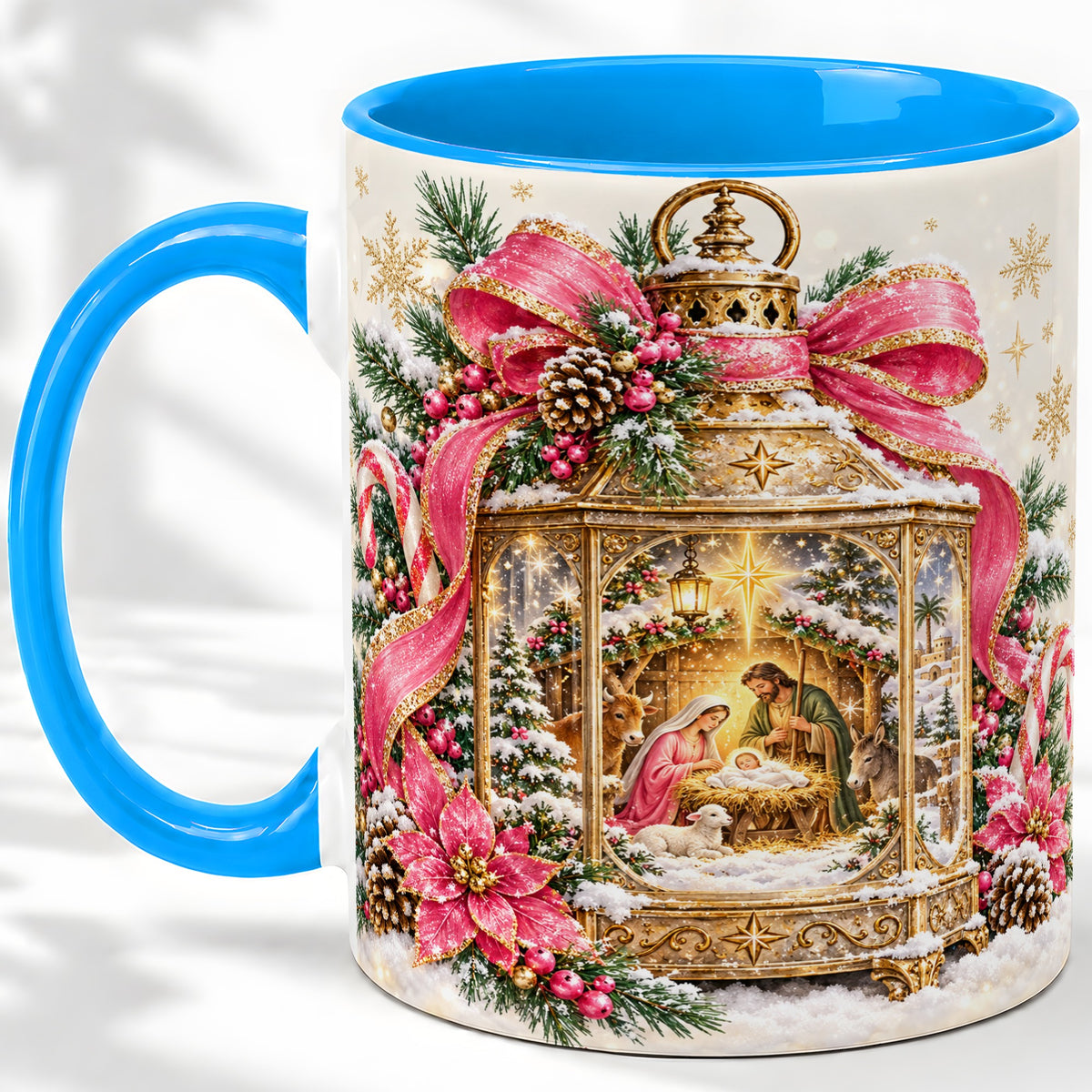 #pl[11oz|Blue] Christmas Nativity Scene Accent Mug, Ceramic Cup with Holy Family