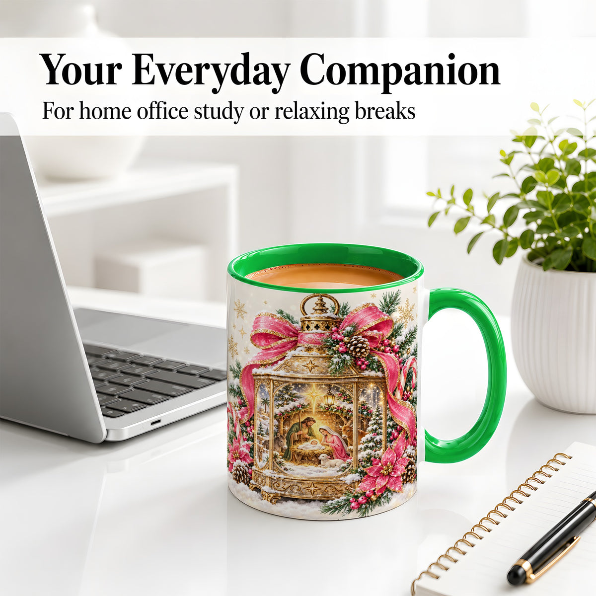 #pl[11oz|Green] Christmas Nativity Scene Accent Mug, Ceramic Cup with Holy Family