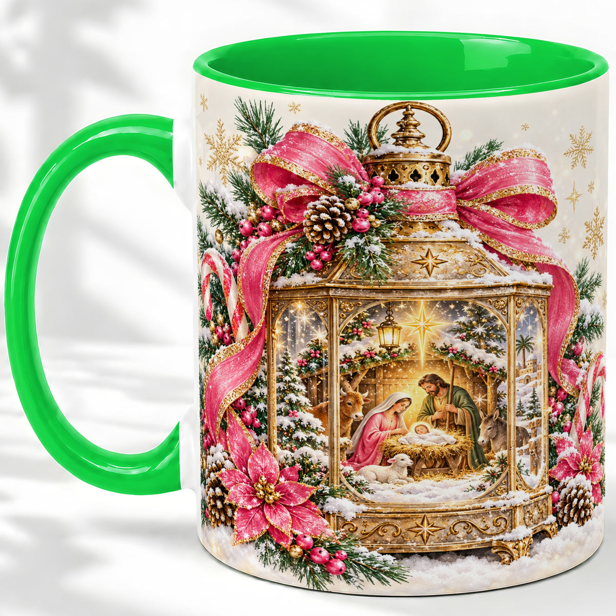 #pl[11oz|Green] Christmas Nativity Scene Accent Mug, Ceramic Cup with Holy Family