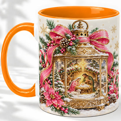 #pl[11oz|Orange] Christmas Nativity Scene Accent Mug, Ceramic Cup with Holy Family