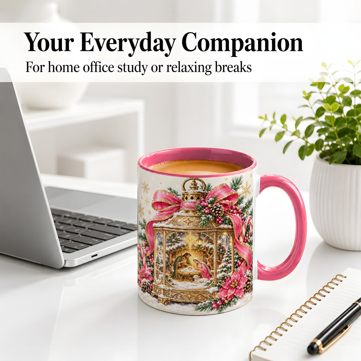 #pl[11oz|Pink] Christmas Nativity Scene Accent Mug, Ceramic Cup with Holy Family