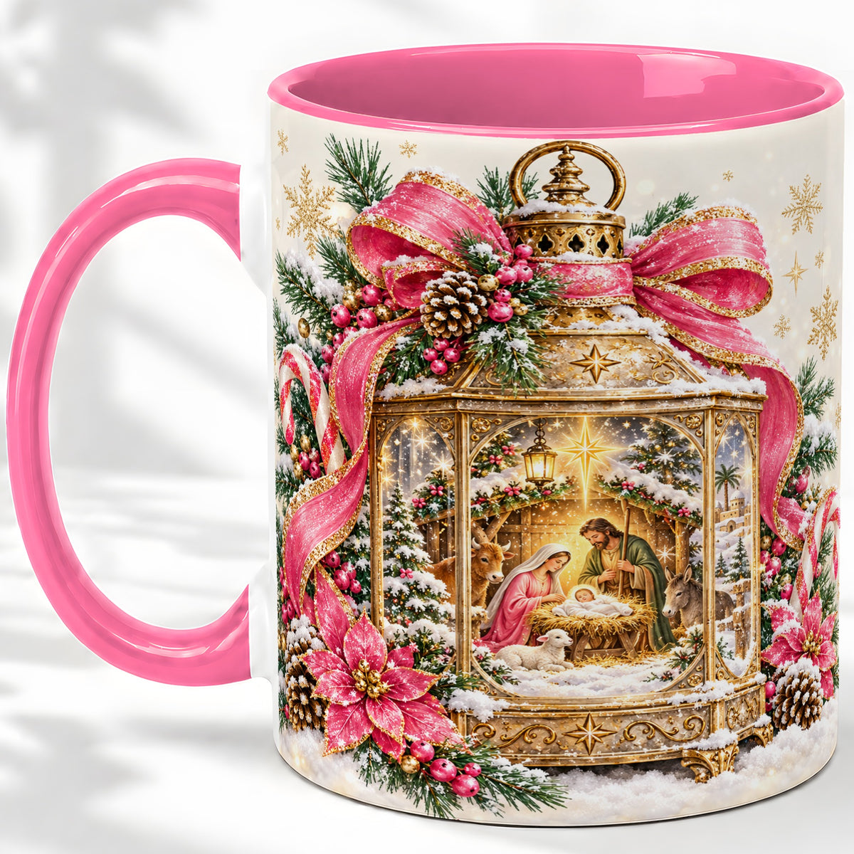 #pl[11oz|Pink] Christmas Nativity Scene Accent Mug, Ceramic Cup with Holy Family