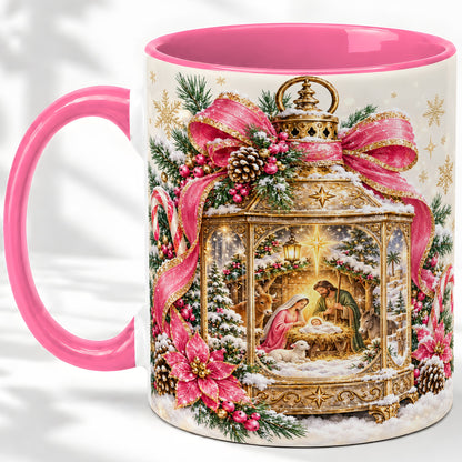 #pl[11oz|Pink] Christmas Nativity Scene Accent Mug, Ceramic Cup with Holy Family