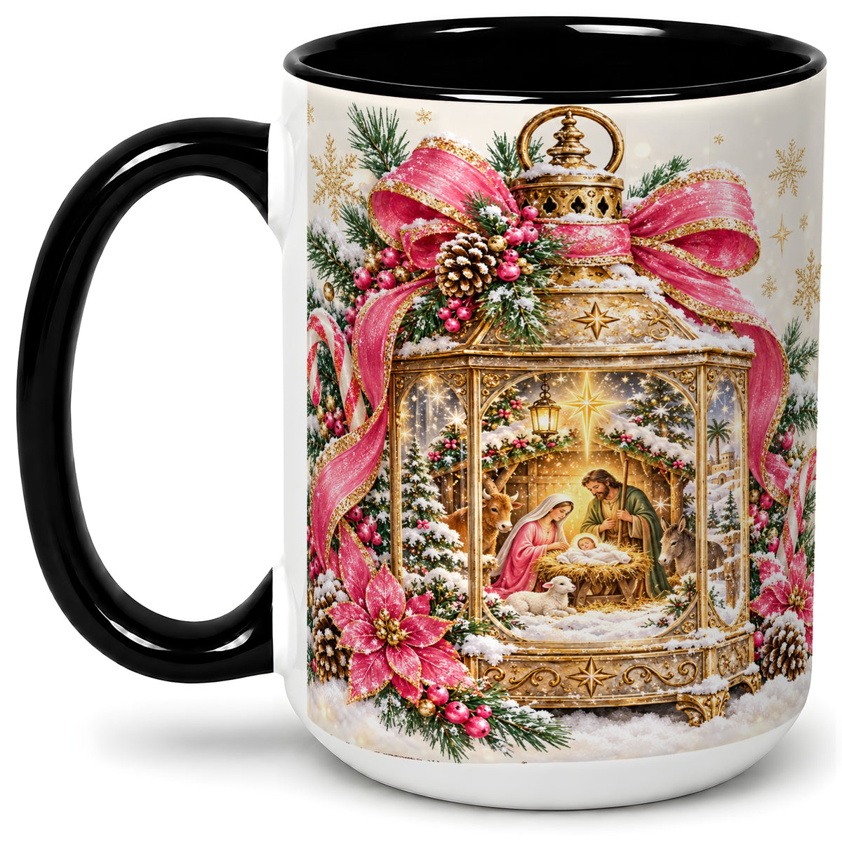 #pl[15oz|Black] Christmas Nativity Scene Accent Mug, Ceramic Cup with Holy Family