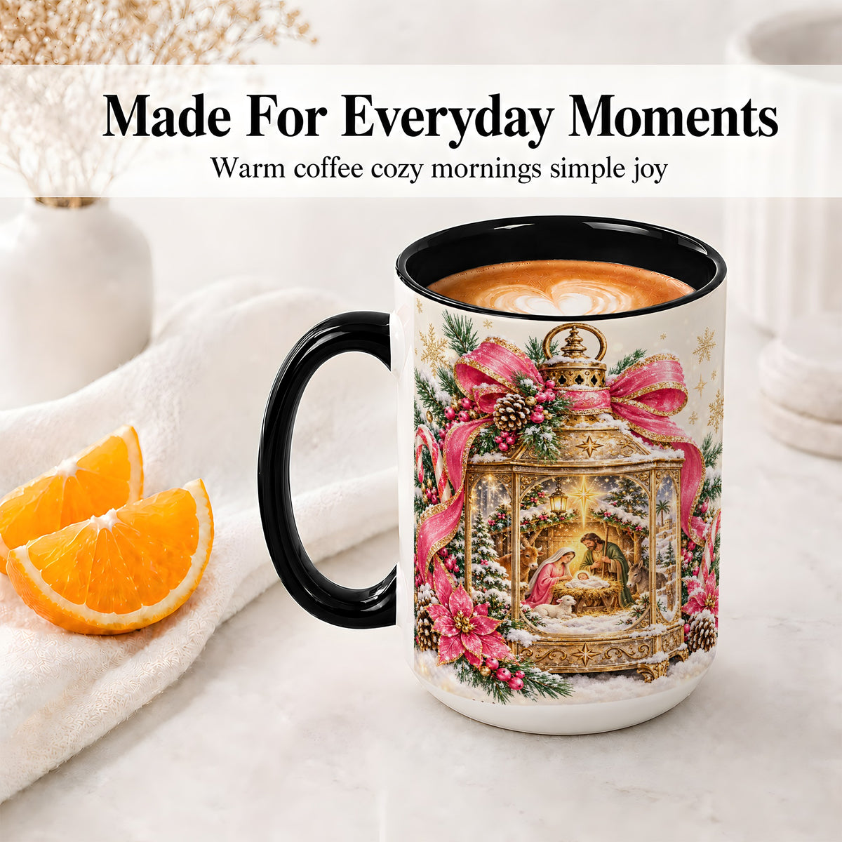 #pl[15oz|Black] Christmas Nativity Scene Accent Mug, Ceramic Cup with Holy Family