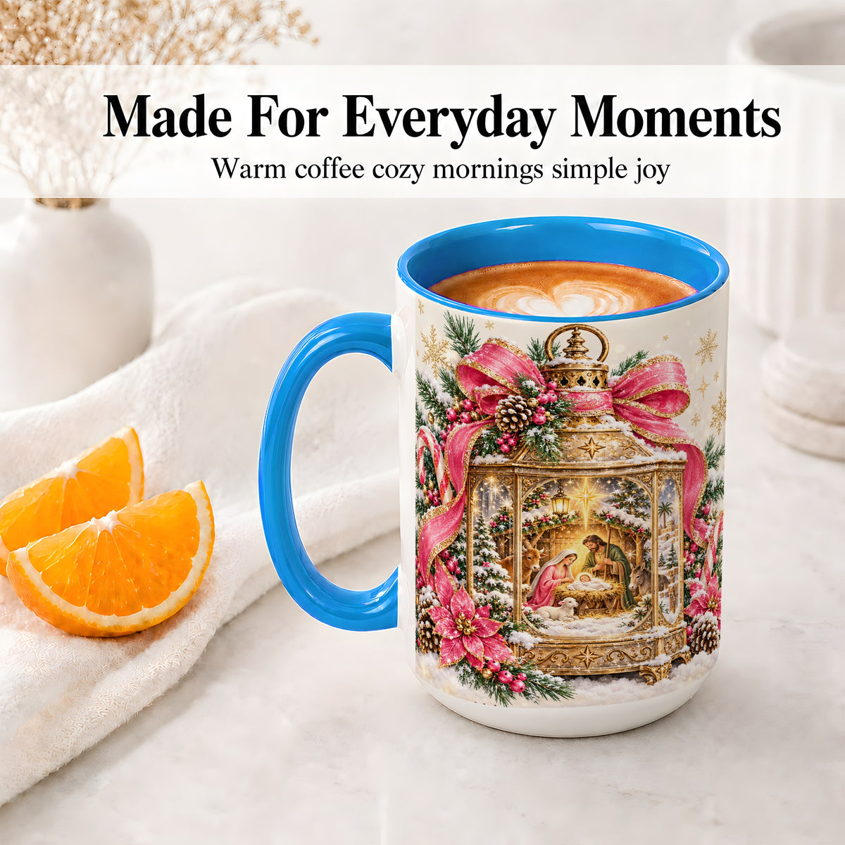 #pl[15oz|Blue] Christmas Nativity Scene Accent Mug, Ceramic Cup with Holy Family