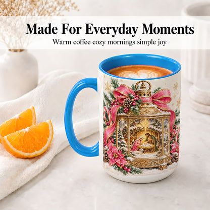 #pl[15oz|Blue] Christmas Nativity Scene Accent Mug, Ceramic Cup with Holy Family