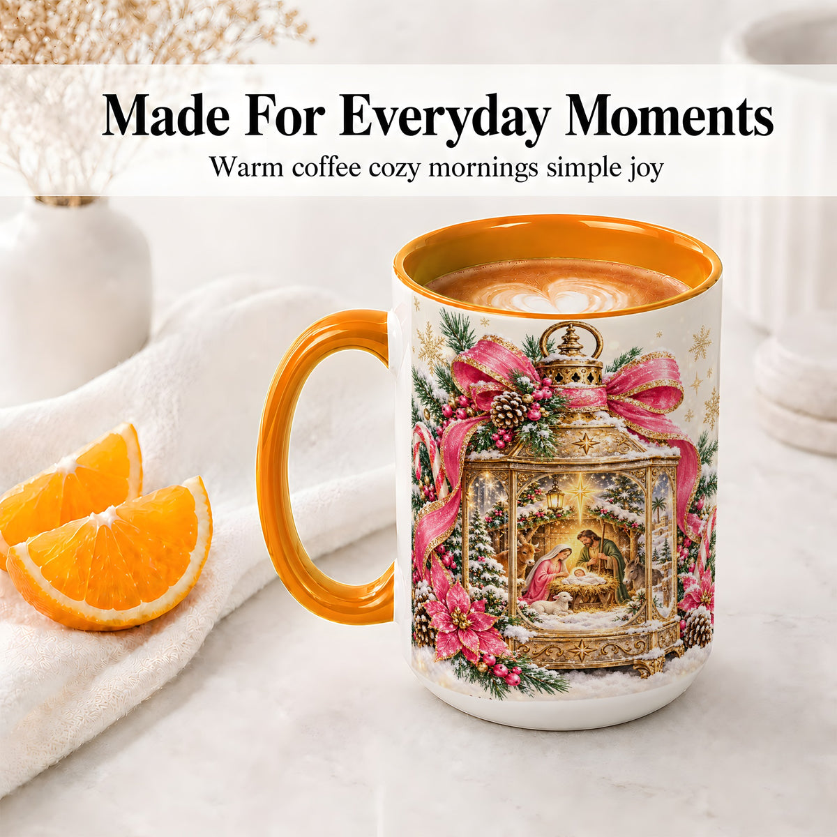 #pl[15oz|Orange] Christmas Nativity Scene Accent Mug, Ceramic Cup with Holy Family