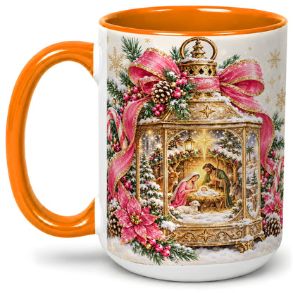 #pl[15oz|Orange] Christmas Nativity Scene Accent Mug, Ceramic Cup with Holy Family