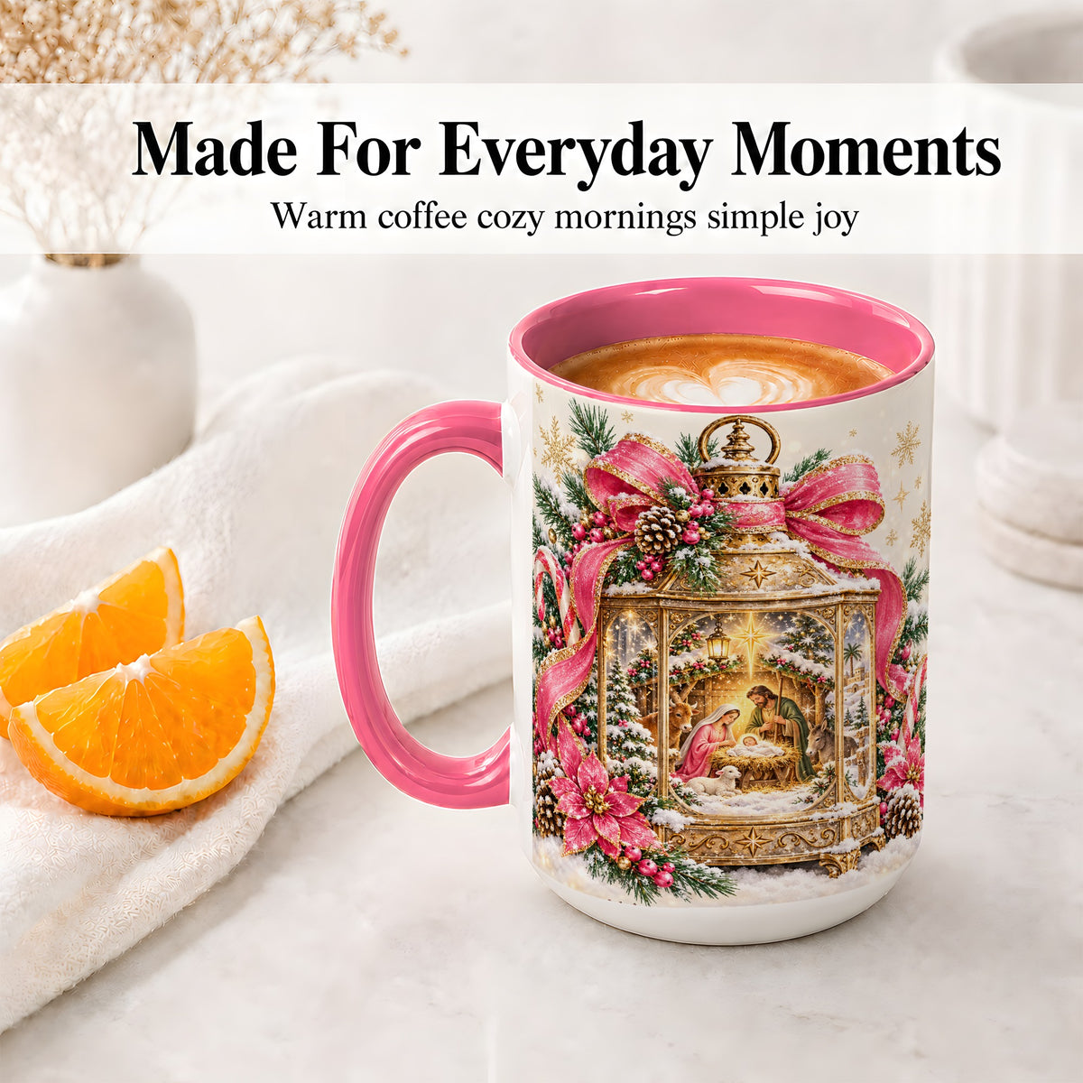 #pl[15oz|Pink] Christmas Nativity Scene Accent Mug, Ceramic Cup with Holy Family