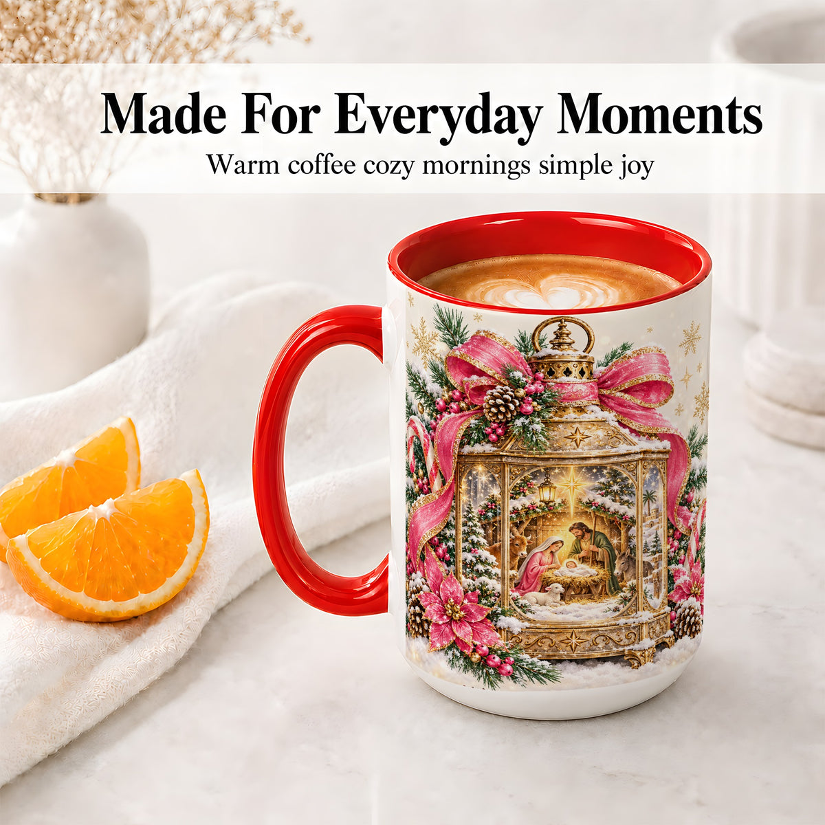 #pl[15oz|Red] Christmas Nativity Scene Accent Mug, Ceramic Cup with Holy Family