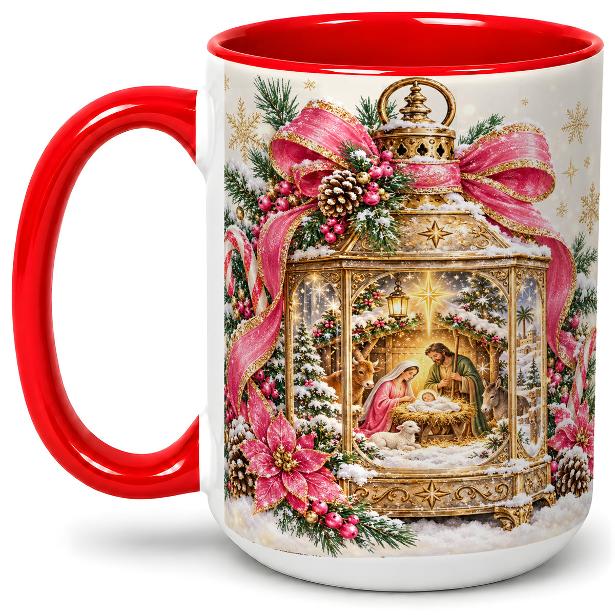 #pl[15oz|Red] Christmas Nativity Scene Accent Mug, Ceramic Cup with Holy Family