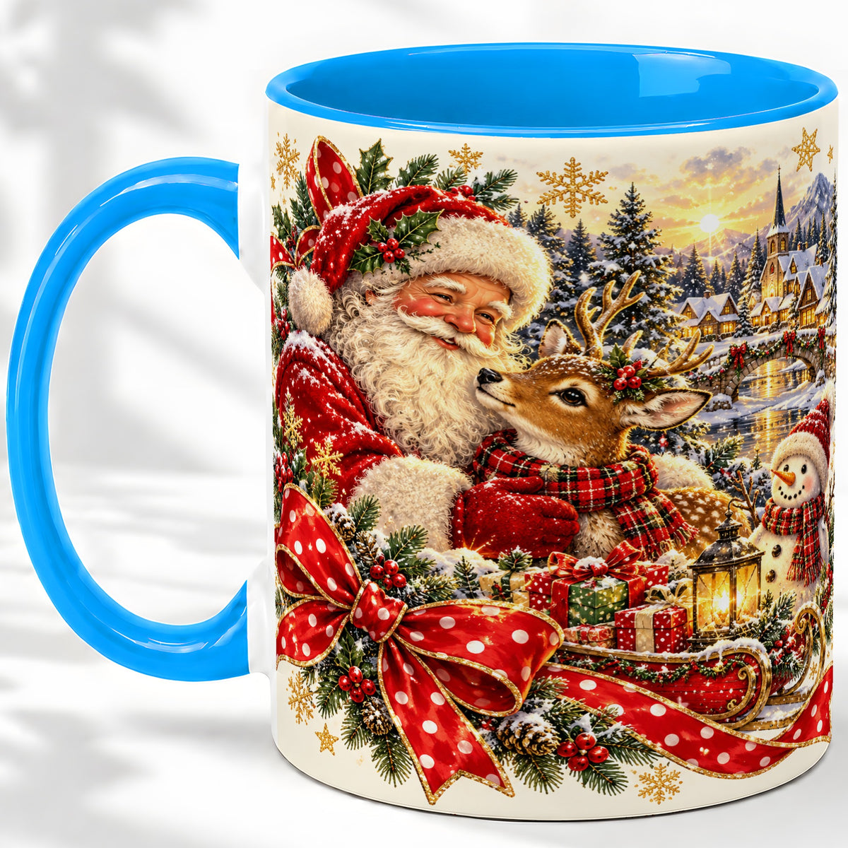 #pl[11oz|Blue] Santa and Reindeer Accent Mug, Ceramic Cup with Christmas Sleigh