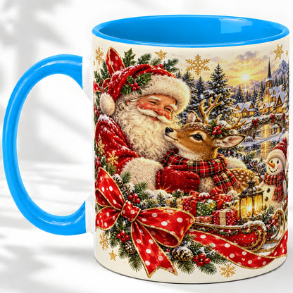 #pl[11oz|Blue] Santa and Reindeer Accent Mug, Ceramic Cup with Christmas Sleigh