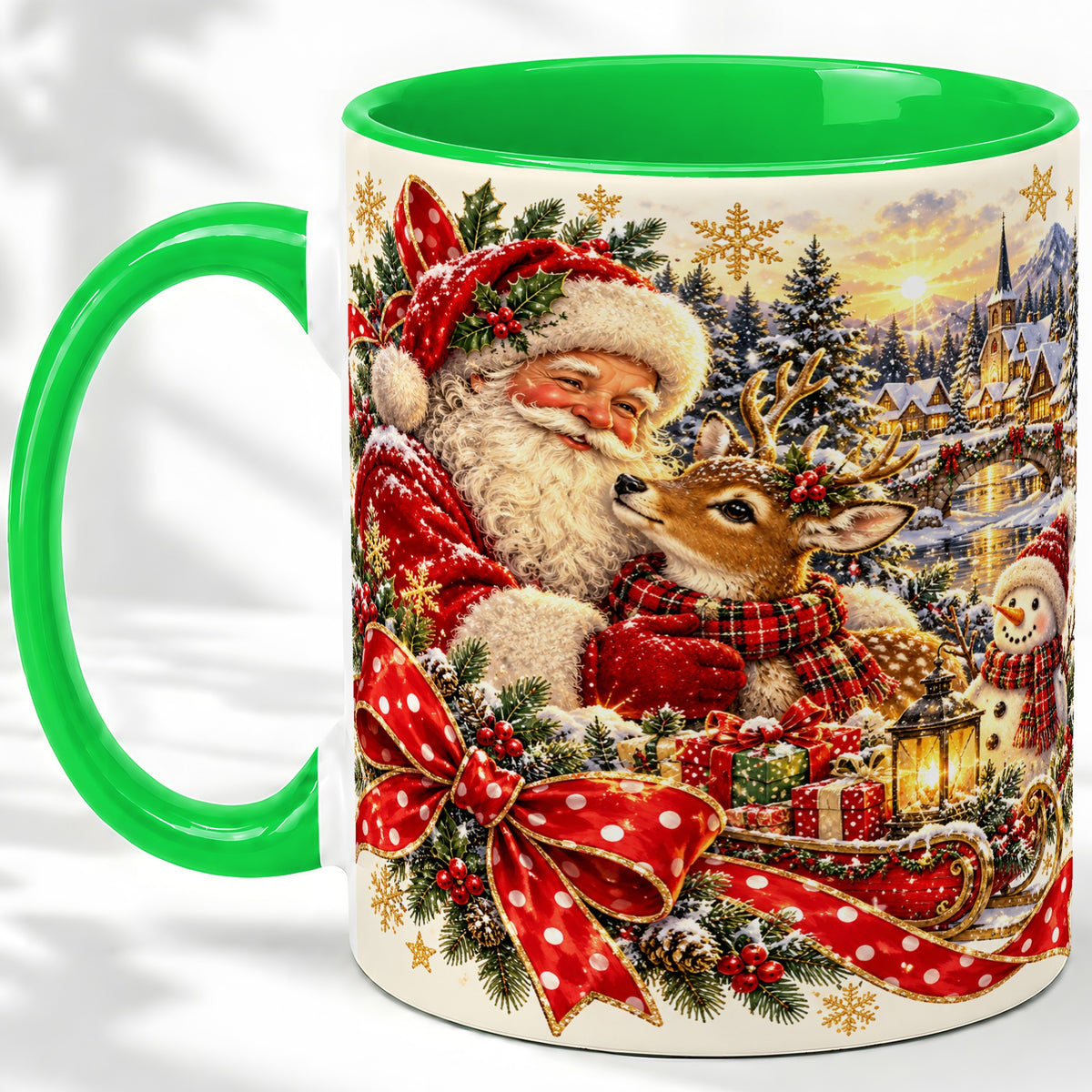 #pl[11oz|Green] Santa and Reindeer Accent Mug, Ceramic Cup with Christmas Sleigh