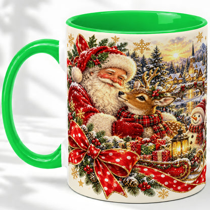 #pl[11oz|Green] Santa and Reindeer Accent Mug, Ceramic Cup with Christmas Sleigh