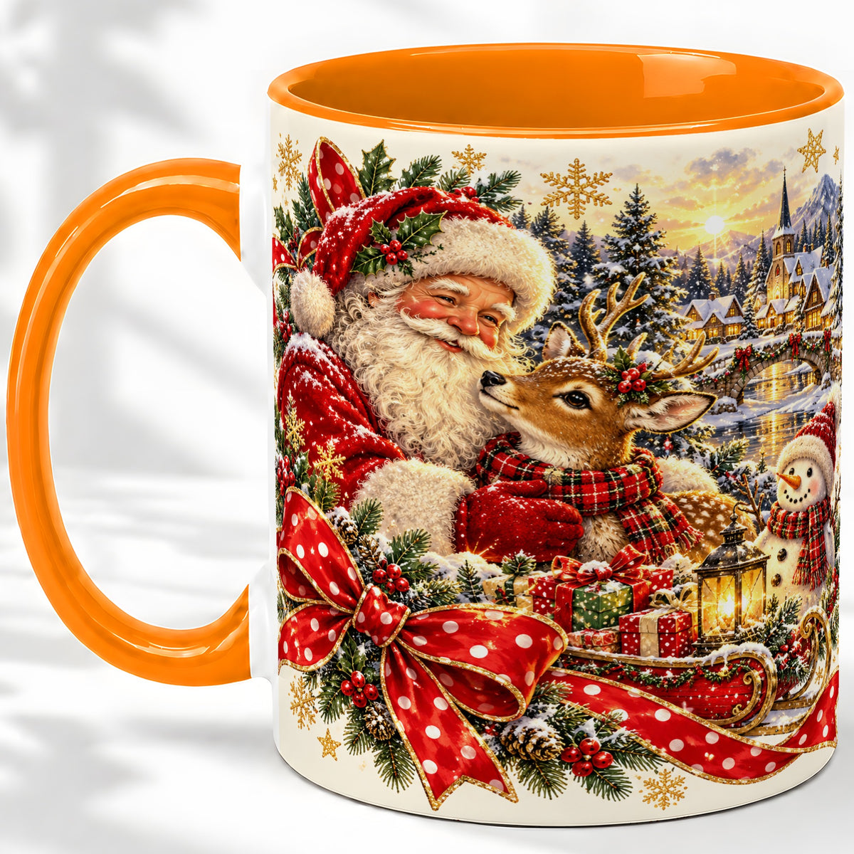 #pl[11oz|Orange] Santa and Reindeer Accent Mug, Ceramic Cup with Christmas Sleigh